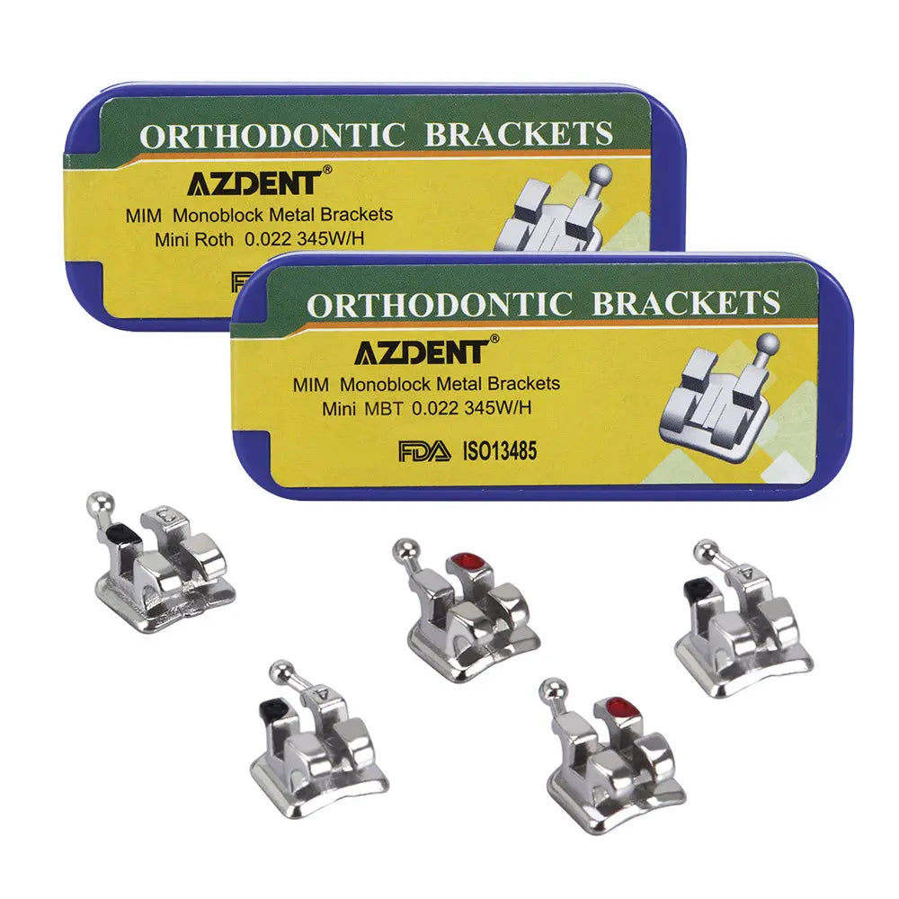 Dental Metal Brackets MIM Monoblock Mini Roth/MBT .022 Hooks on 345 20pcs/Box: Orthodontic brackets displayed in two metal tins labeled AZDENT, with five metal bracket samples shown below, demonstrating mini Roth and MBT styles for dental applications.