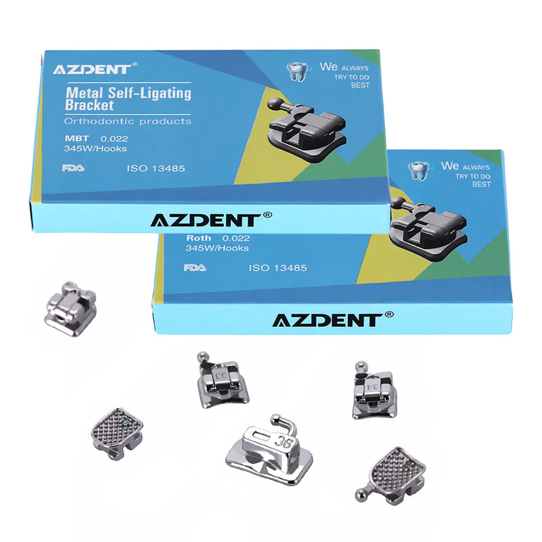 Dental Metal Self Ligating Mini Bracket product packaging and components. Image shows AZDENT brand boxes for orthodontic brackets, along with several metal bracket samples displayed below, showcasing the product's design and features for dental applications.