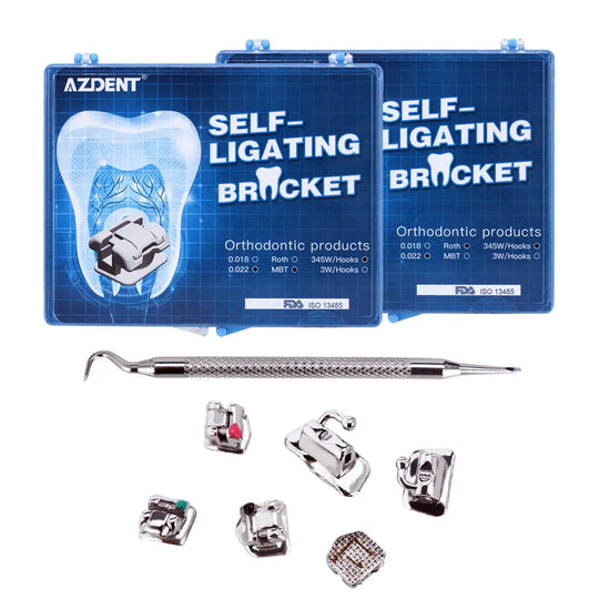 Dental Self-Ligating Metal Brackets set with blue packaging displaying tooth illustration, orthodontic product details, and various metal brackets and tools for Roth/MBT .022 system, including hooks on 345 and buccal tubes, 28pcs/Box