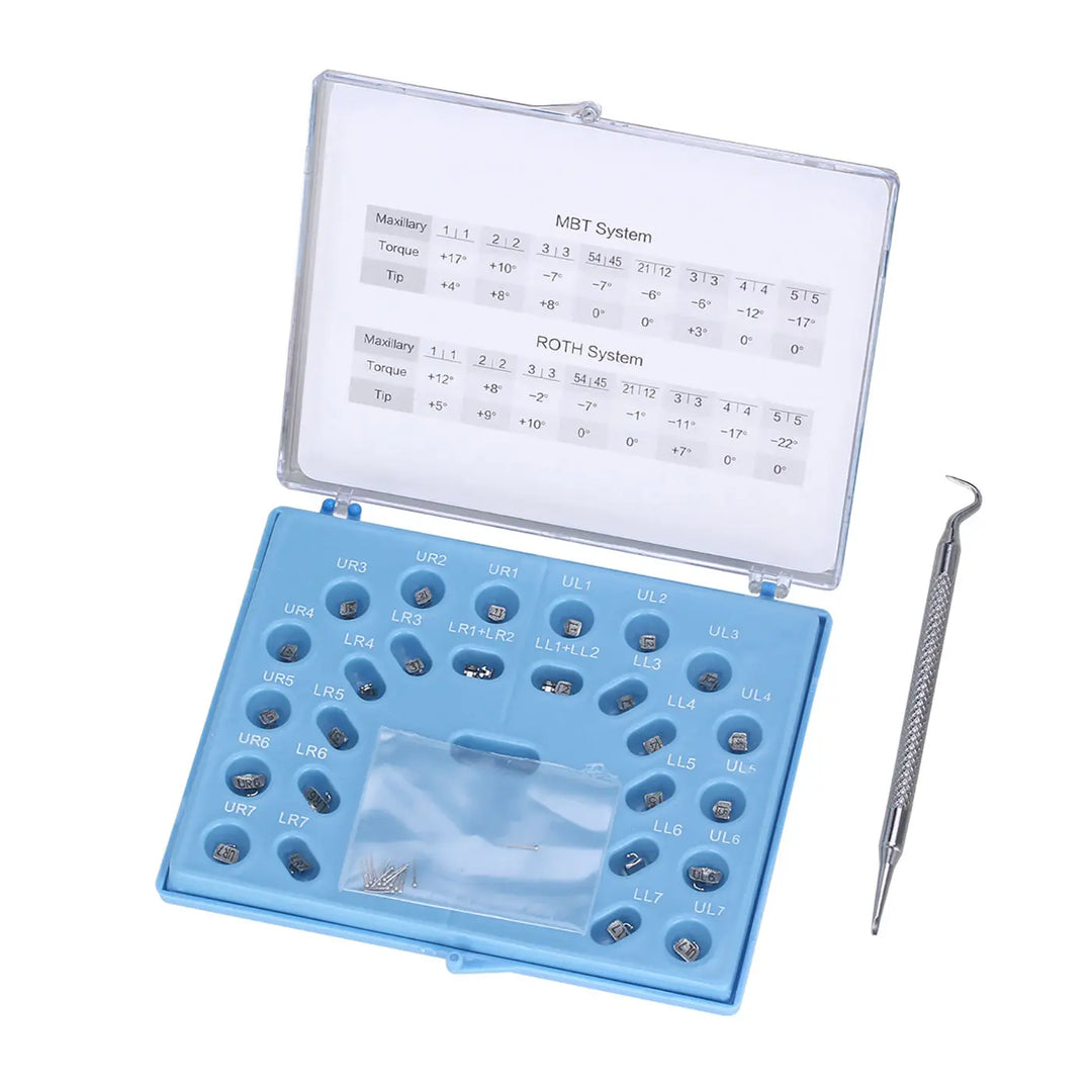 Dental Self-Ligating Metal Brackets set with MBT and ROTH systems, 28 pieces in blue case, includes sizing chart and dental tool. Orthodontic equipment for efficient treatment and patient comfort.