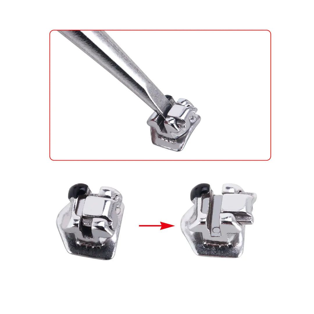 Dental Self-Ligating Metal Brackets with tools and buccal tubes. Close-up view of bracket placement using pliers. Demonstration of self-ligating mechanism in open and closed positions. Roth/MBT .022 Hooks on 345, 28pcs/Box set for efficient orthodontic treatment.