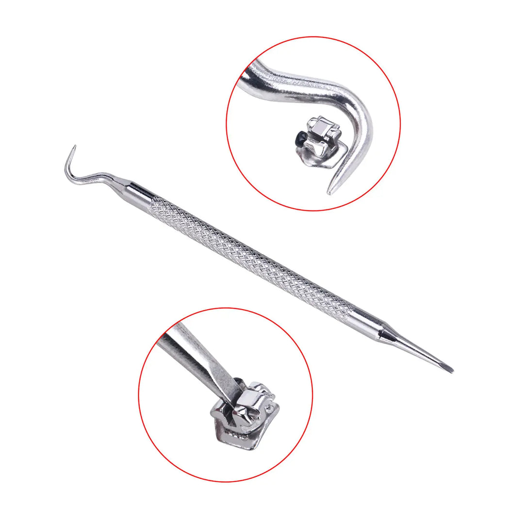 Dental tool for Dental Self-Ligating Metal Brackets Roth/MBT .022 Hooks on 345 with Tools 28pcs/Box, showing a silver dental instrument with curved ends and close-up views of its tips for precise bracket placement and adjustment