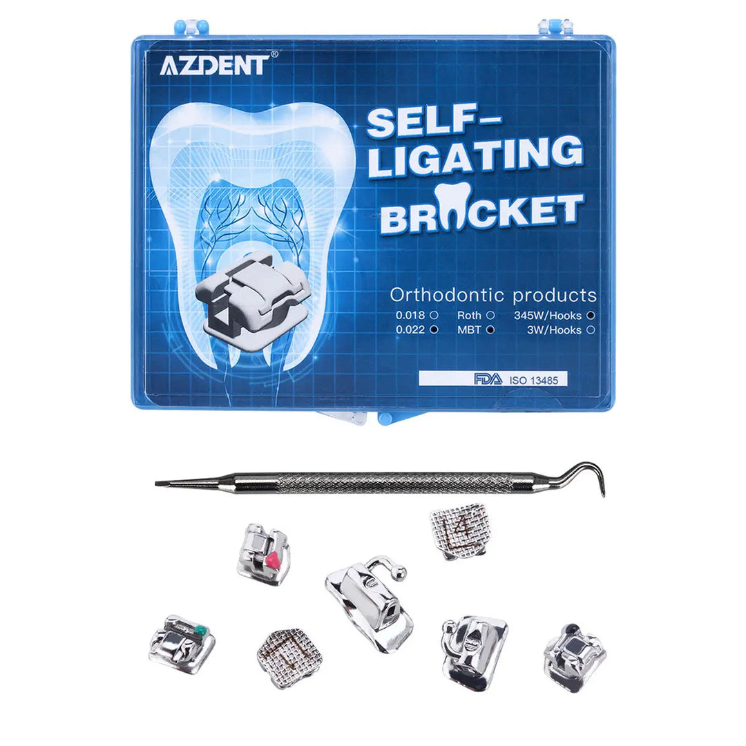 Dental Self-Ligating Metal Brackets set with tools in blue case, featuring tooth diagram, orthodontic instrument, and various bracket components for Roth/MBT .022 system with hooks on 345, 28pcs/Box