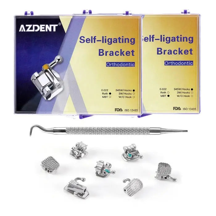 Dental Self-Ligating Brackets Passive Roth/MBT .022 product display with packaging boxes, orthodontic tool, and various bracket components. AZDENT brand self-ligating bracket system for orthodontic treatment, showcasing product details and accessories.