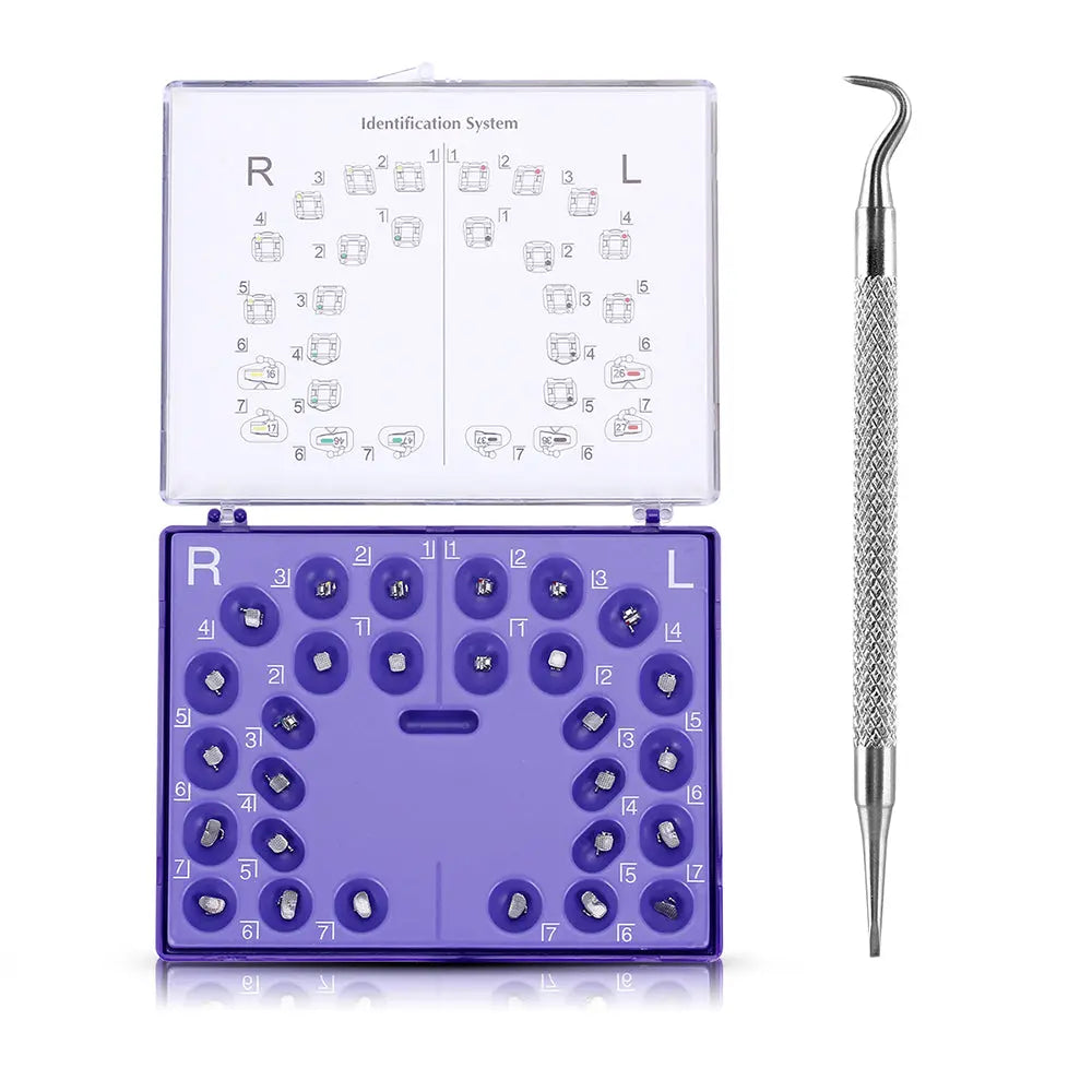 Dental Self-Ligating Brackets set with identification system chart, purple orthodontic bracket case showing numbered tooth positions, and metal dental tool for placement. Passive Roth/MBT .022 system with hooks and buccal tube, 28pcs/box.