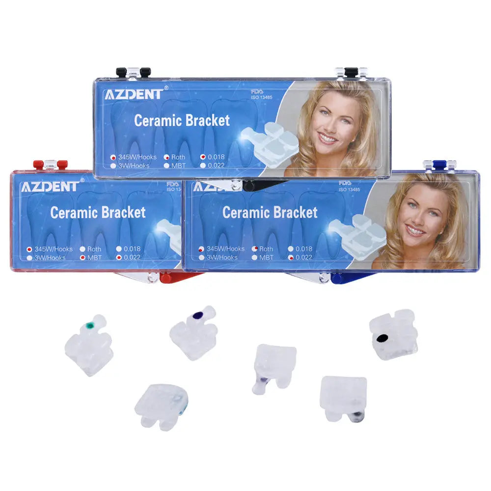 Dental Orthodontic Ceramic Brackets Mesh Base Full Size 20pcs/Box: AZDENT brand packaging with color-coded ceramic brackets displayed. Three blue boxes showcasing product features, with various white ceramic bracket samples in foreground demonstrating mesh base design.