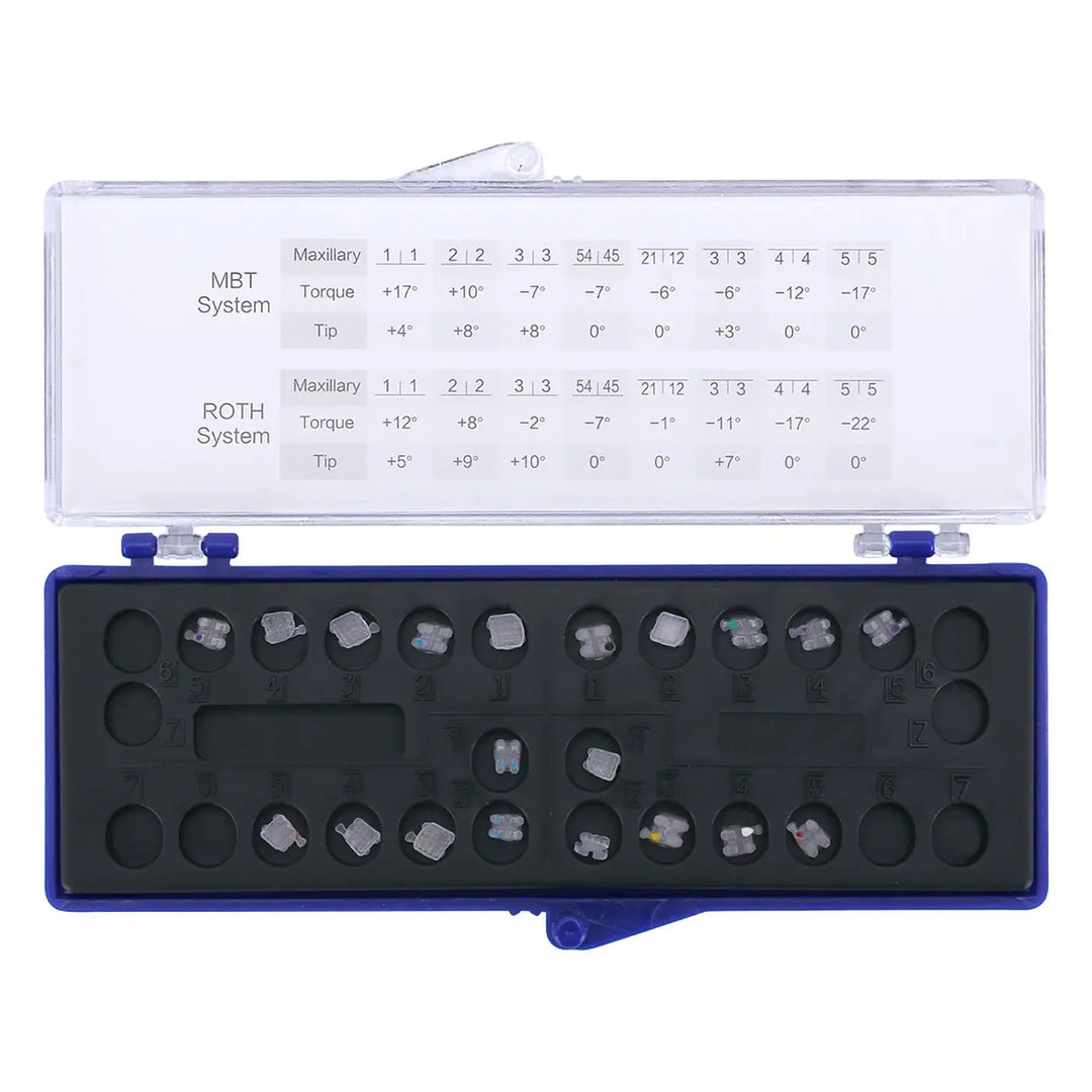 Dental Orthodontic Ceramic Brackets Mesh Base Full Size 20pcs/Box displayed in a blue-edged case. Top lid shows MBT and ROTH system measurements. Bottom compartment contains ceramic brackets arranged in individual slots.