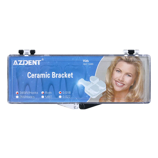 Dental Orthodontic Ceramic Brackets Mesh Base Full Size 20pcs/Box - AZDENT brand ceramic bracket set in clear plastic case with blue label, showing product features and image of ceramic brackets