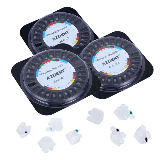 Dental Orthodontic Ceramic Brackets Full Size Hooks 345 20pcs/Box: Three circular containers of AZDENT ceramic brackets with colorful labels, surrounded by multiple white ceramic brackets with hooks, showcasing product packaging and individual components.