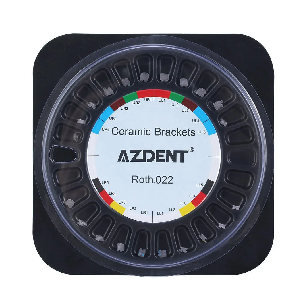 Dental Orthodontic Ceramic Brackets Full Size Hooks 345 20pcs/Box: Circular container of AZDENT ceramic brackets, Roth.022 model, with color-coded slots for different tooth positions, used in orthodontic treatments for rapid leveling and alignment.