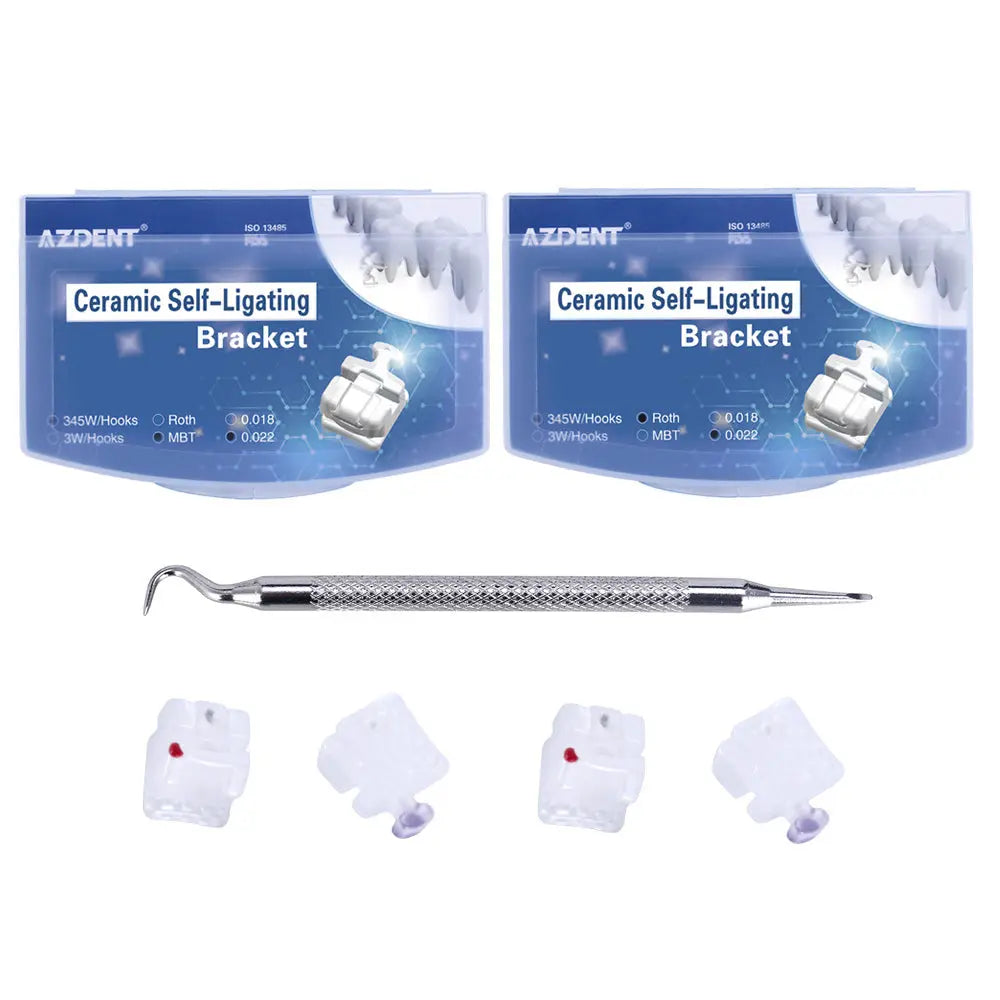 Dental Self-ligating Ceramic Bracket Roth/MBT 0.022 Hooks on 345 20pcs/Box: Product image showing two blue packaging boxes, a metal dental tool, and four white ceramic brackets, illustrating the components of the orthodontic self-ligating bracket system.