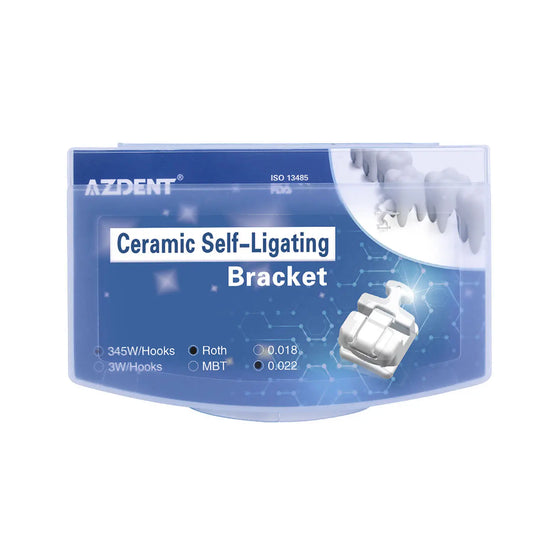 Dental Self-ligating Ceramic Bracket Roth 0.022 Hooks on 345 20pcs/Box: Product packaging showing AZDENT ceramic self-ligating bracket with technical details, blue background, and dental x-ray image. Clear product display with specifications visible.