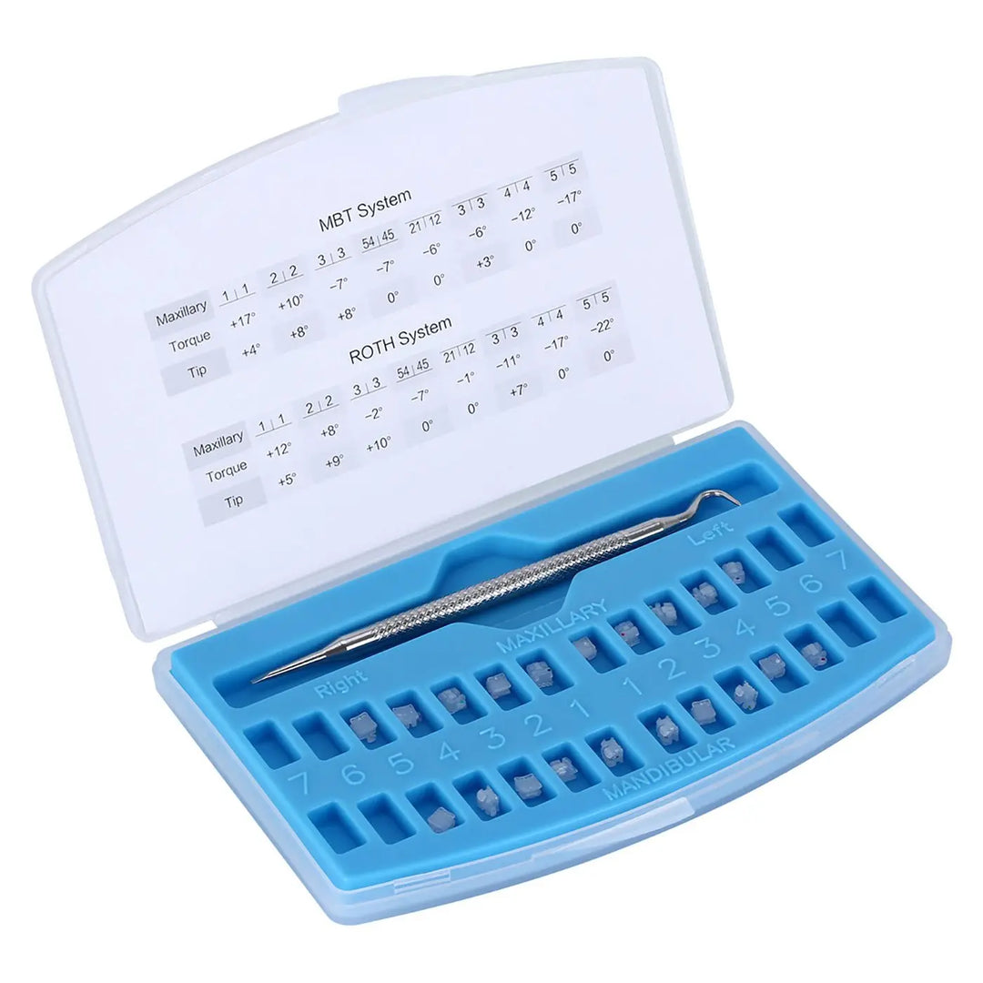 Dental Self-ligating Ceramic Bracket Roth 0.022 Hooks on 345 20pcs/Box packaging, showing a blue plastic tray with numbered slots for brackets, a metal tool, and a white lid displaying MBT and ROTH system measurements for dental orthodontics.