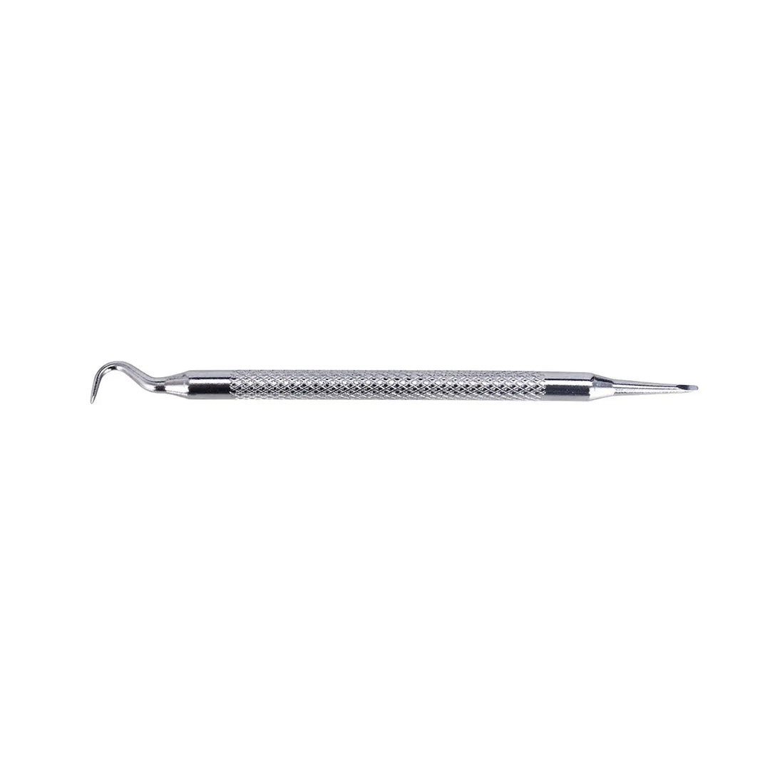 Dental Self-ligating Ceramic Bracket Roth 0.022 Hooks on 345 20pcs/Box with stainless steel dental tool for opening orthodontic brackets. Sleek, silver-colored instrument with textured grip and curved end for precise dental work.