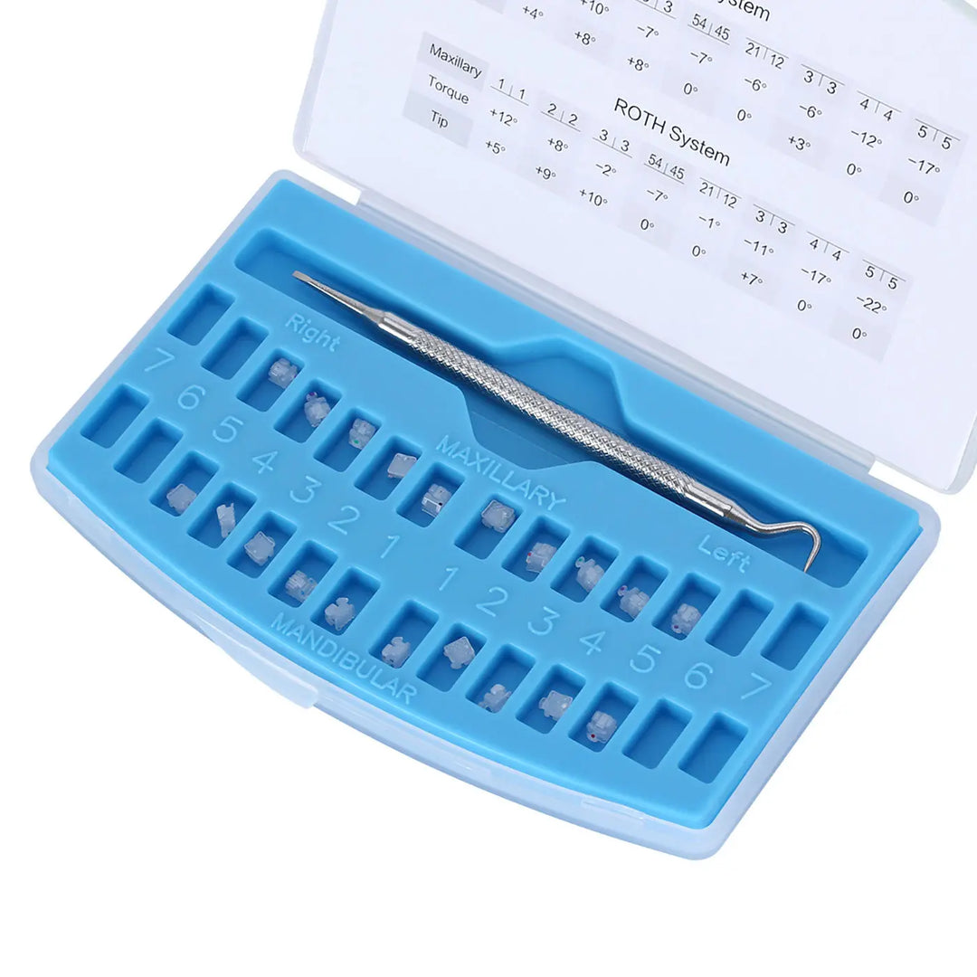 Dental Self-ligating Ceramic Bracket set in blue organizer tray with metal tool, white case lid displaying ROTH system measurements, 20 bracket slots visible, for orthodontic treatment