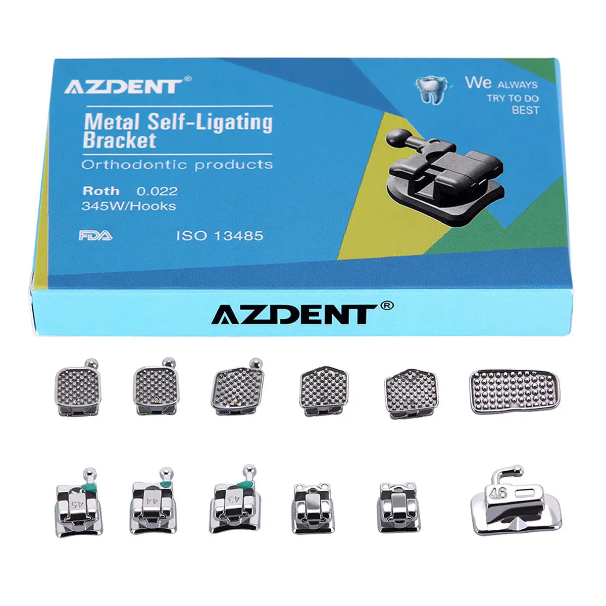 Dental Metal Self Ligating Mini Bracket Roth .022 Hooks 345 With 4 Buccal Tube 20+4/Box. AZDENT orthodontic product box with blue and yellow design, displaying metal self-ligating brackets and buccal tubes. Close-up of various bracket designs and sizes showcased below the packaging.