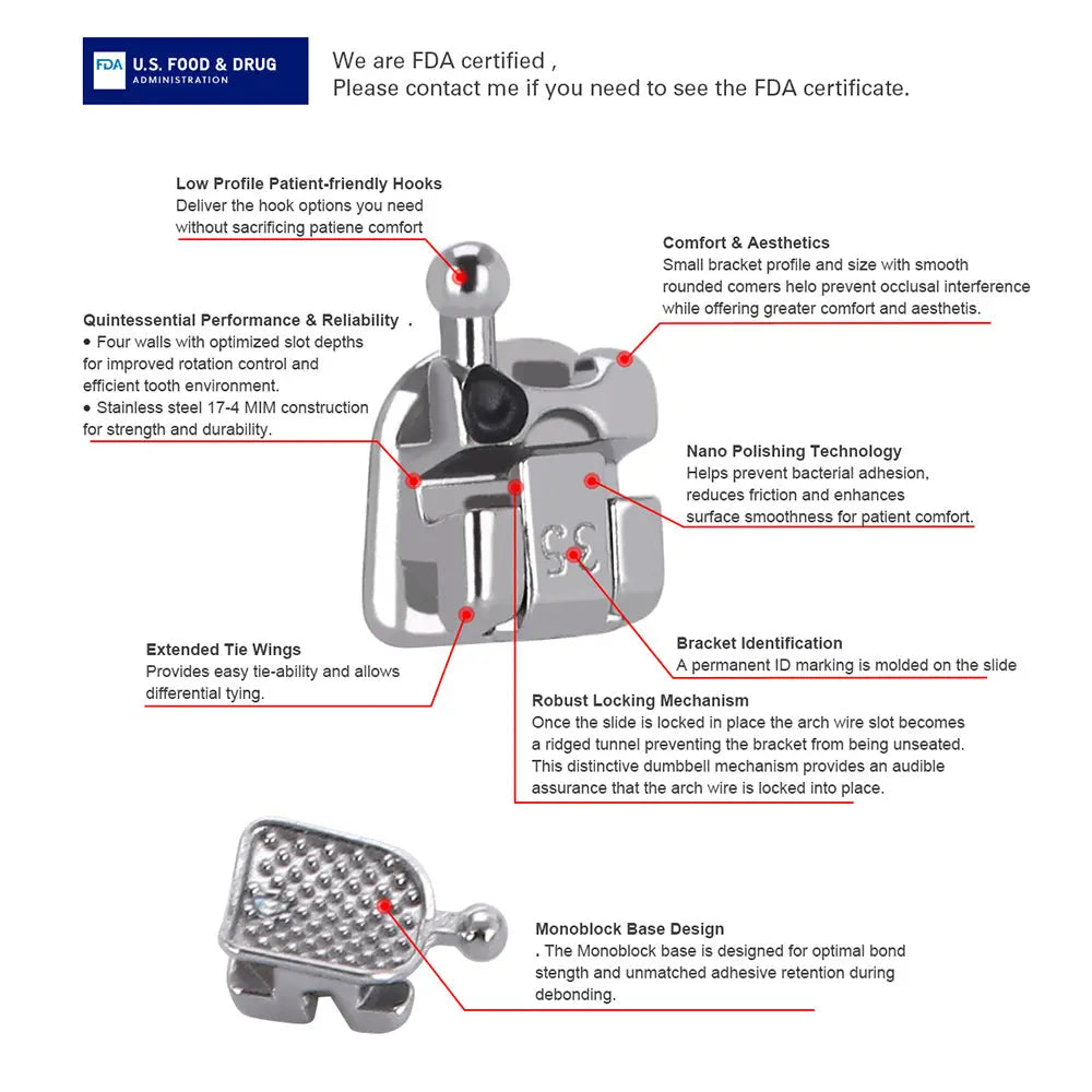 Dental Metal Self Ligating Mini Bracket Roth .022 Hooks 345 With 4 Buccal Tube diagram showcasing features: low profile, nano polishing, extended tie wings, robust locking mechanism, bracket identification, and monoblock base design for optimal bond strength and patient comfort.