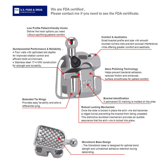 Dental Metal Self Ligating Mini Bracket Roth .022 Hooks 345 With 4 Buccal Tube diagram showcasing features: low profile, nano polishing, extended tie wings, robust locking mechanism, bracket identification, and monoblock base design for optimal bond strength and patient comfort.