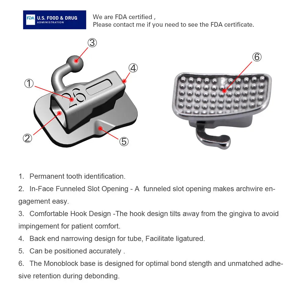 Dental Metal Self Ligating Mini Bracket Roth .022 Hooks 345 With 4 Buccal Tube: Detailed diagram showing key features of orthodontic bracket including tooth identification, funneled slot opening, comfortable hook design, and monoblock base for optimal bonding. FDA certified product.