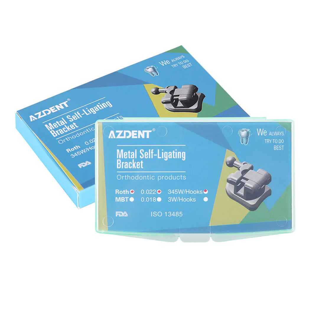 Dental Metal Self Ligating Mini Bracket Roth .022 Hooks 345 With 4 Buccal Tube 20+4/Box - AZDENT packaging boxes for orthodontic products, showing metal self-ligating brackets with specifications and FDA approval, featuring blue and green color scheme