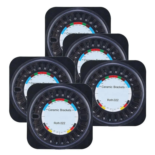 Ceramic Brackets Roth .022 Hooks 345 20pcs/Box: Five black circular containers displaying dental orthodontic ceramic brackets with colorful labels indicating Roth .022 specifications, ideal for precise tooth alignment and orthodontic treatments