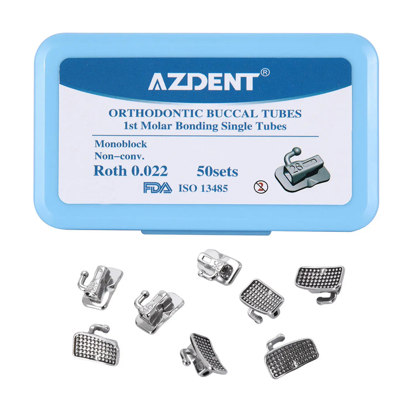 Buccal Tube 1st Molar Bondable Monoblock Non-Convertible Roth 0.022 50Sets/Box - AZDENT orthodontic buccal tubes in blue container, displaying product details and FDA approval. Multiple metal buccal tube attachments shown below the container.