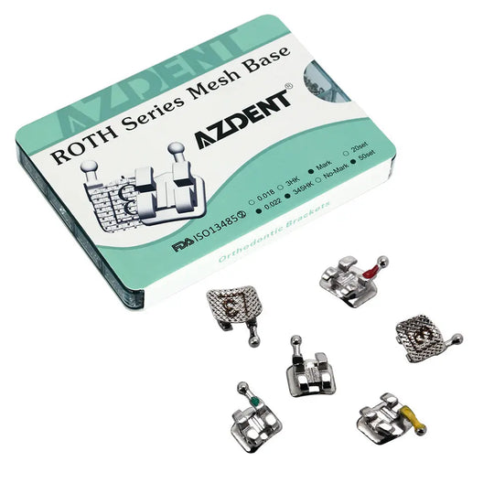 Dental Metal Brackets Mini Roth 0.022 Hooks on 345 Mesh Base 50Sets/Box (1000pcs) packaging with AZDENT brand name and various metal orthodontic brackets displayed, showing mesh base and hook designs for different tooth positions.