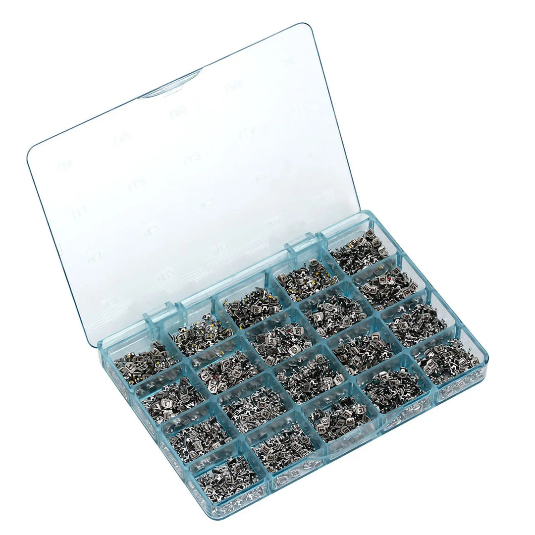 Dental Metal Brackets Mini Roth 0.022 Hooks on 345 Mesh Base 50Sets/Box (1000pcs) displayed in a clear plastic organizer case with multiple compartments, each filled with small metal orthodontic brackets for dental use.