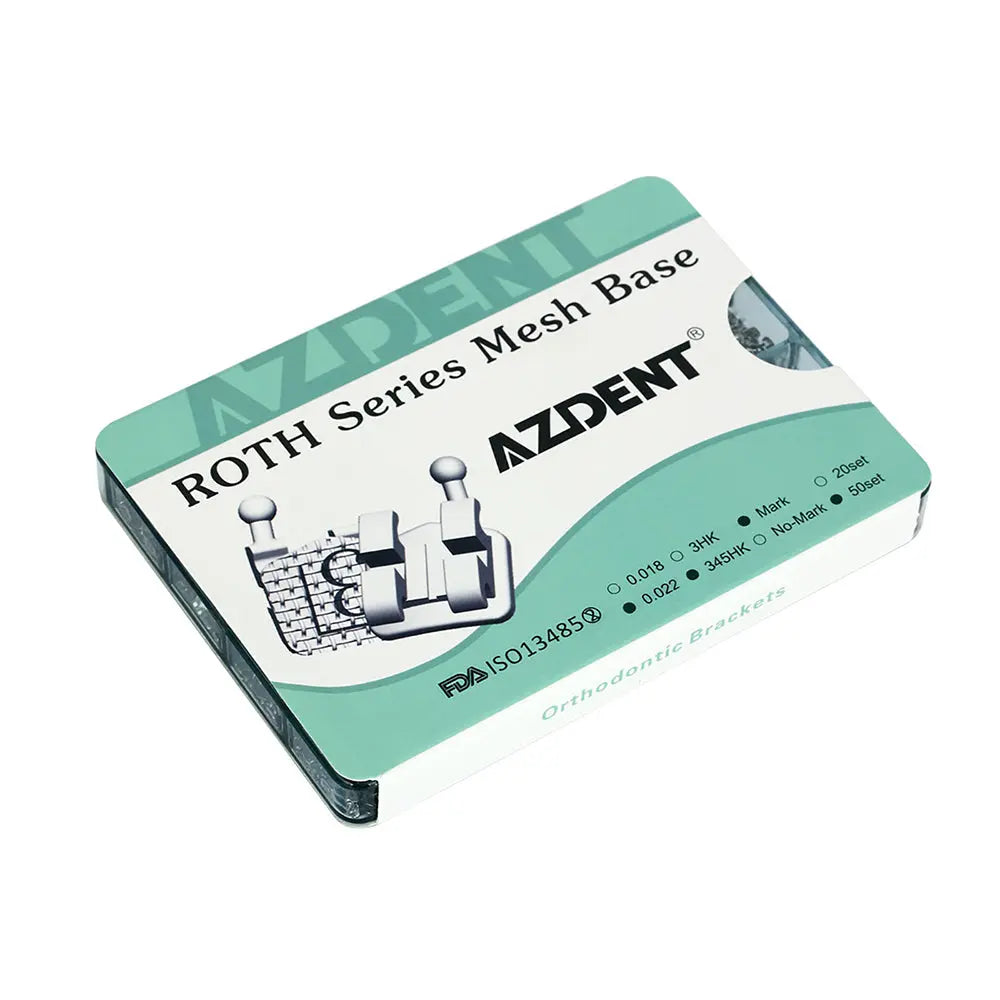 Dental Metal Brackets Mini Roth 0.022 Hooks on 345 Mesh Base 50Sets/Box (1000pcs) - Green package of AZDENT ROTH Series Mesh Base orthodontic brackets with product details and illustration of dental braces components