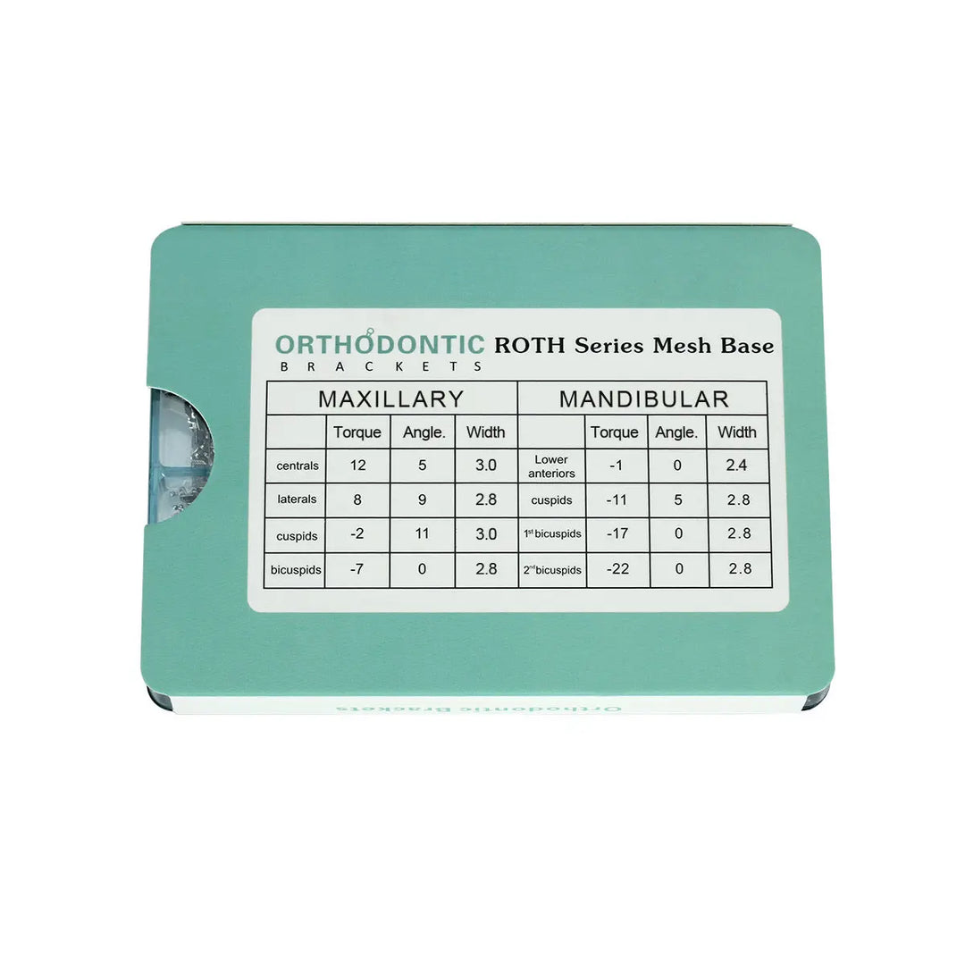 Dental Metal Brackets Mini Roth 0.022 Hooks on 345 Mesh Base 50Sets/Box (1000pcs) - Orthodontic bracket specification chart showing Roth Series Mesh Base details for maxillary and mandibular teeth, displayed on a teal-colored background