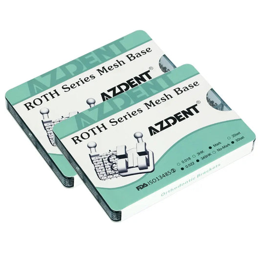 Dental Metal Brackets Mini Roth 0.022 Hooks on 345 Mesh Base 50Sets/Box (1000pcs) - Two green packaging boxes of AZDENT ROTH Series Mesh Base orthodontic brackets, showing product details and FDA certification