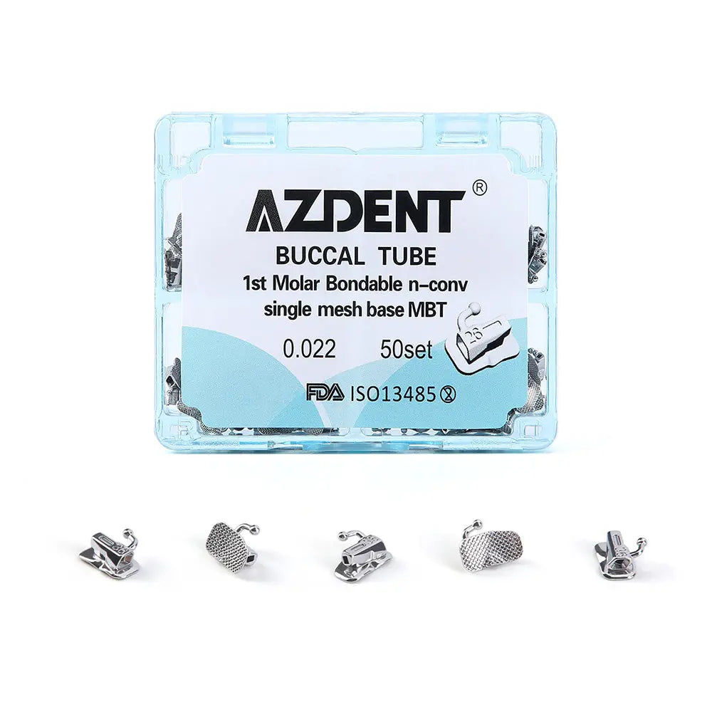 Buccal Tube 1st Molar Bondable Split Non-Convertible MBT 0.022 50Sets/Box (UR UL LL & LR) - AZDENT brand package of dental buccal tubes with single mesh base, showing product box and five individual metal tubes for orthodontic use