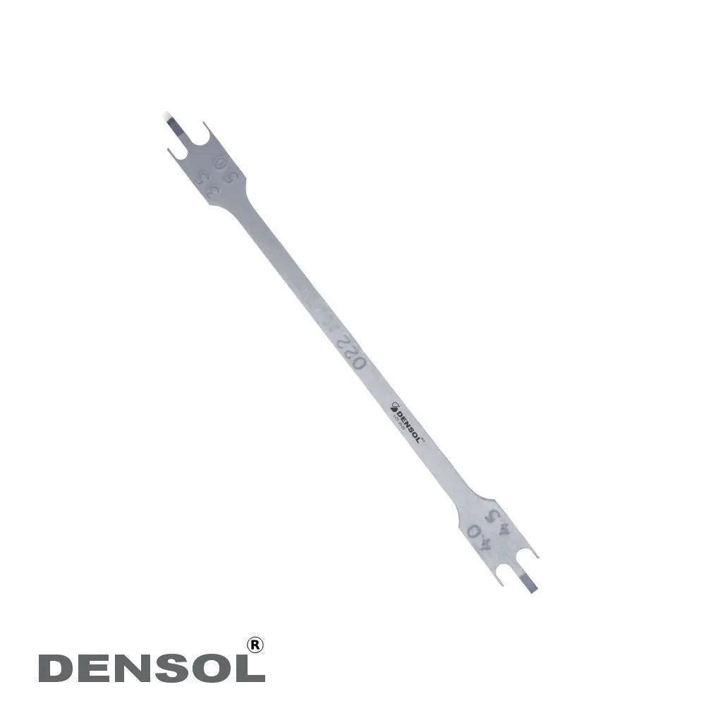 Bracket positioning gauge .022" slot: Precision orthodontic instrument made of stainless steel, featuring a long, slender design with forked ends for accurate bracket placement in .022" slot systems. Denso brand logo visible on tool.