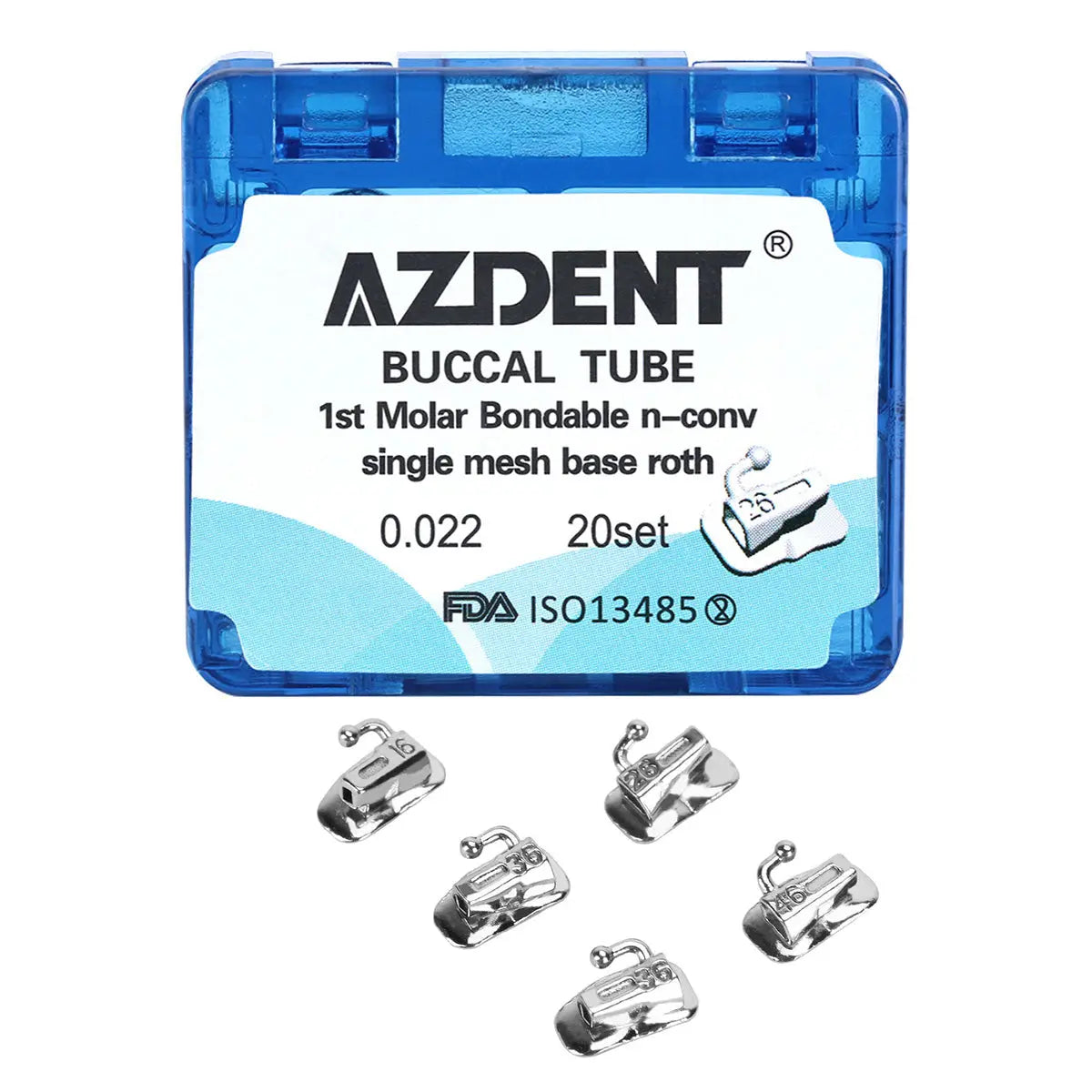 Buccal Tube 1st Molar Bondable Split Non-Convertible Roth 0.022 20Sets/Bx. AZDENT brand dental orthodontic buccal tubes in blue plastic case. Product details on label. Five metal buccal tubes shown below case.