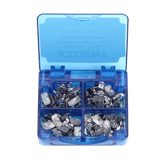 Buccal Tube 1st Molar Bondable Split Non-Convertible Roth 0.022 20Sets/Bx in a blue plastic organizer case. Multiple compartments contain small silver-colored orthodontic components for dental use, neatly sorted and stored for easy access.