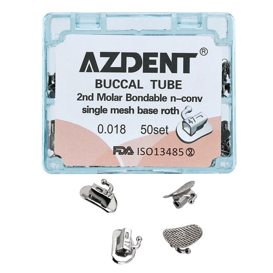 Buccal Tube 2nd Molar Bondable Split Non-Convertible Roth 0.018 50Sets/Bx by AZDENT. Product package with clear plastic cover showing product details and FDA approval. Four small metal orthodontic components displayed below the package, including mesh base and tube designs.