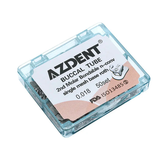 Buccal Tube 2nd Molar Bondable Split Non-Convertible Roth 0.018 50Sets/Bx by Azdent. Clear plastic case containing orthodontic buccal tubes for second molars. Product details visible on label, including size 0.018 and quantity 50 sets per box.