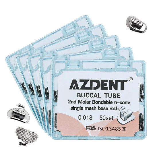 Buccal Tube 2nd Molar Bondable Split Non-Convertible Roth 0.018 50Sets/Bx displayed in clear plastic packages with AZDENT branding. Dental orthodontic components visible including mesh base and tubes. FDA certification label visible.