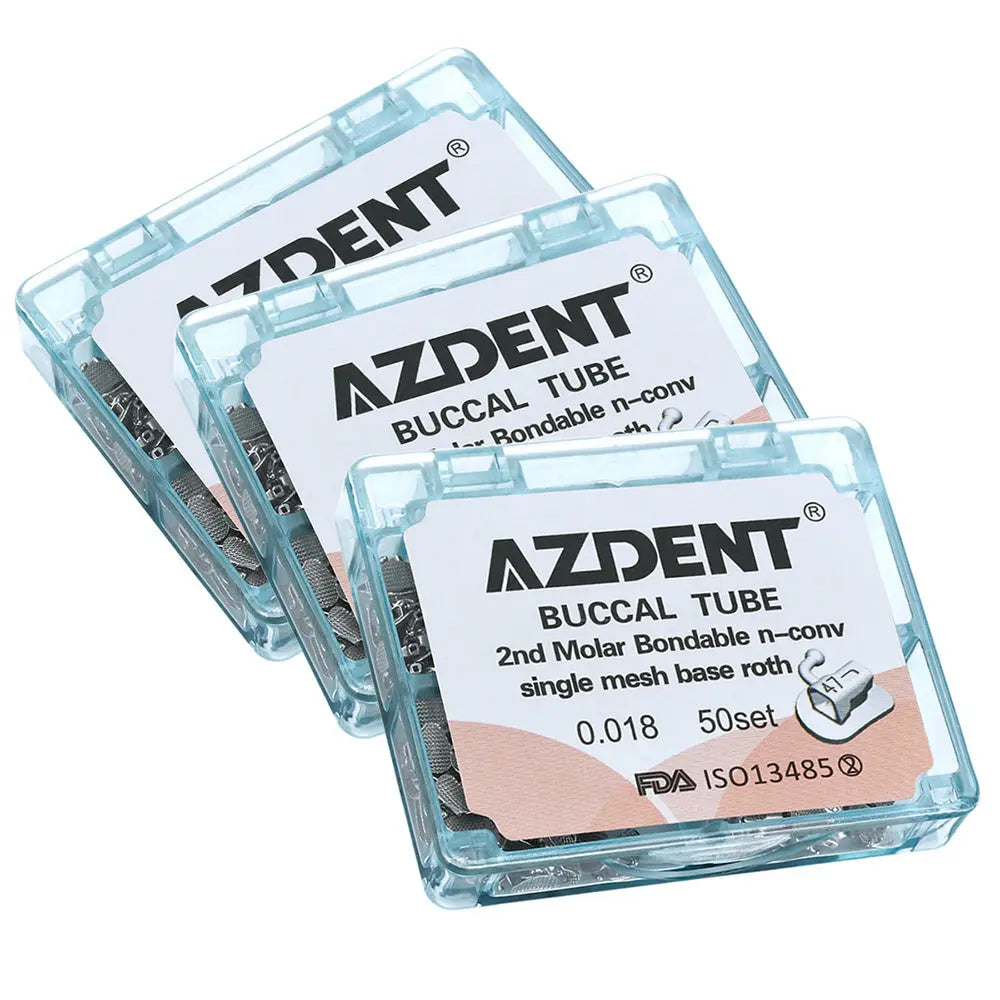 Buccal Tube 2nd Molar Bondable Split Non-Convertible Roth 0.018 50Sets/Bx by AZDENT. Three clear plastic cases containing orthodontic buccal tubes for second molars. Cases labeled with product details including mesh base, size, and FDA approval.