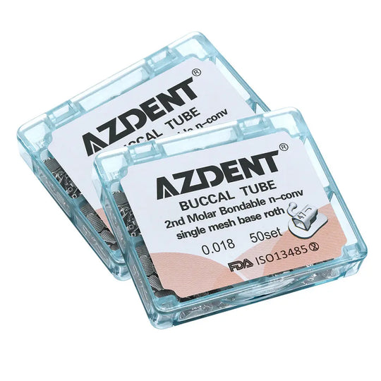 Buccal Tube 2nd Molar Bondable Split Non-Convertible Roth 0.018 50Sets/Bx. Two clear plastic boxes containing AZDENT brand orthodontic buccal tubes for 2nd molars. Product details visible on labels, including specifications and FDA approval number.