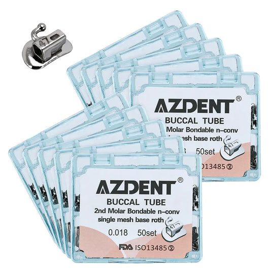 Buccal Tube 2nd Molar Bondable Split Non-Convertible Roth 0.018 50Sets/Bx - AZDENT orthodontic buccal tubes in blue packaging, showing product details and specifications, with a single metal buccal tube displayed separately for clarity