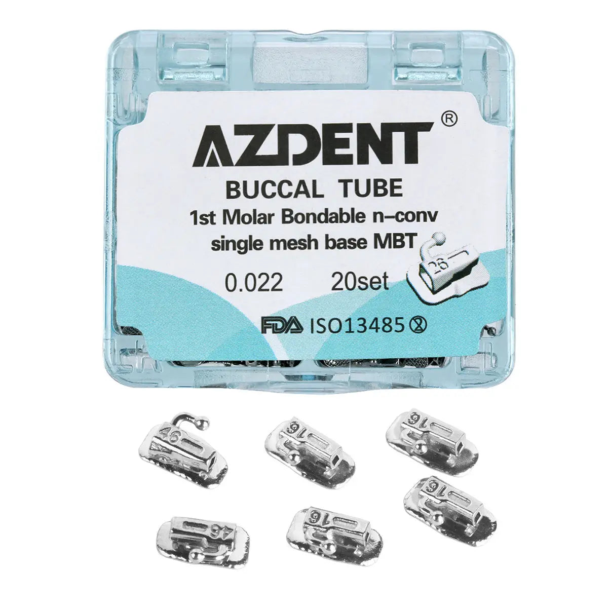 AZDENT Buccal Tube 1st Molar Bondable Split Non-Convertible MBT 0.022 20Sets/Bx. Clear plastic case containing orthodontic buccal tubes. Product details visible on case label. Five metallic buccal tubes displayed below, showing design and structure for dental application.