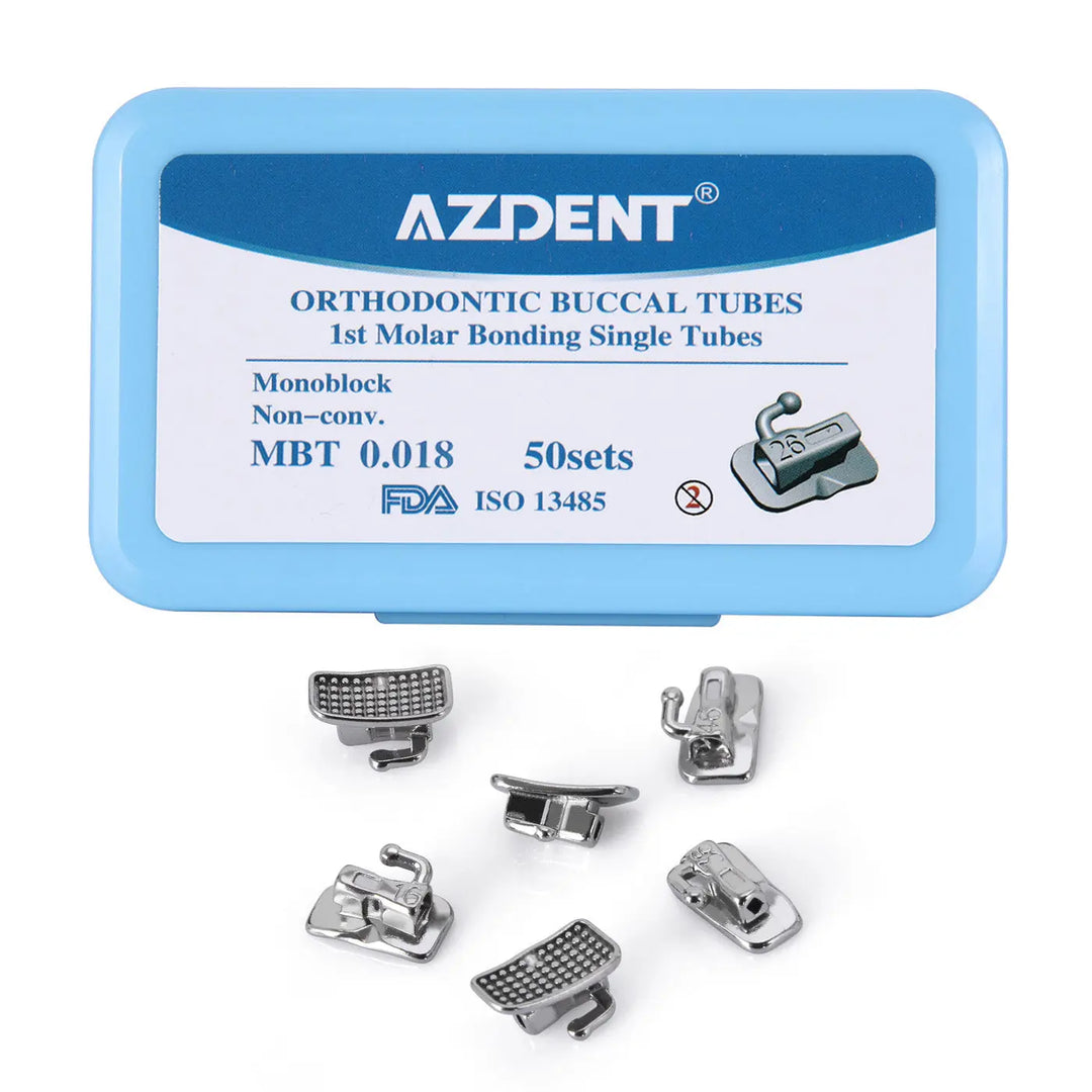 Buccal Tube 1st Molar Monoblock Non-Convertible MBT 0.018 50Sets/Bx by AZDENT. Blue case containing orthodontic buccal tubes. Product details on label. Six metal buccal tube samples displayed below the case, showing various designs and sizes for dental use.