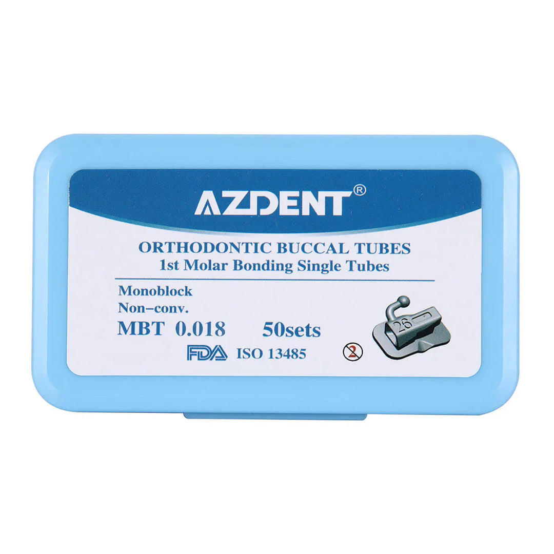 AZDENT Buccal Tube 1st Molar Monoblock Non-Convertible MBT 0.018 50Sets/Bx. Blue plastic container with white label showing product details for orthodontic buccal tubes. FDA and ISO certified. Small metal bracket illustration included.