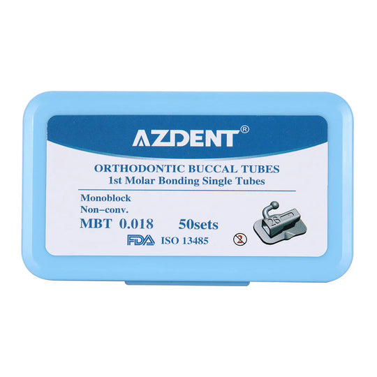 AZDENT Buccal Tube 1st Molar Monoblock Non-Convertible MBT 0.018 50Sets/Bx. Blue plastic container with white label showing product details for orthodontic buccal tubes. FDA and ISO certified. Small metal bracket illustration included.