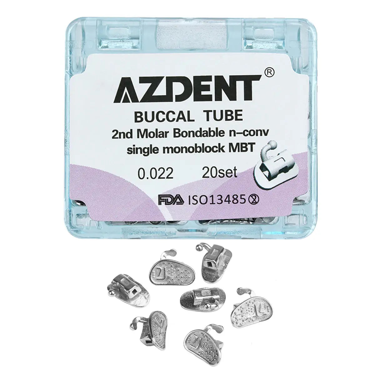 Buccal Tube 2nd Molar Bondable Monoblock Non-convertible MBT 0.022 20Sets/Bx by AZDENT. Clear plastic box containing dental orthodontic buccal tubes. Product details on label. Small metal tubes displayed below the box.