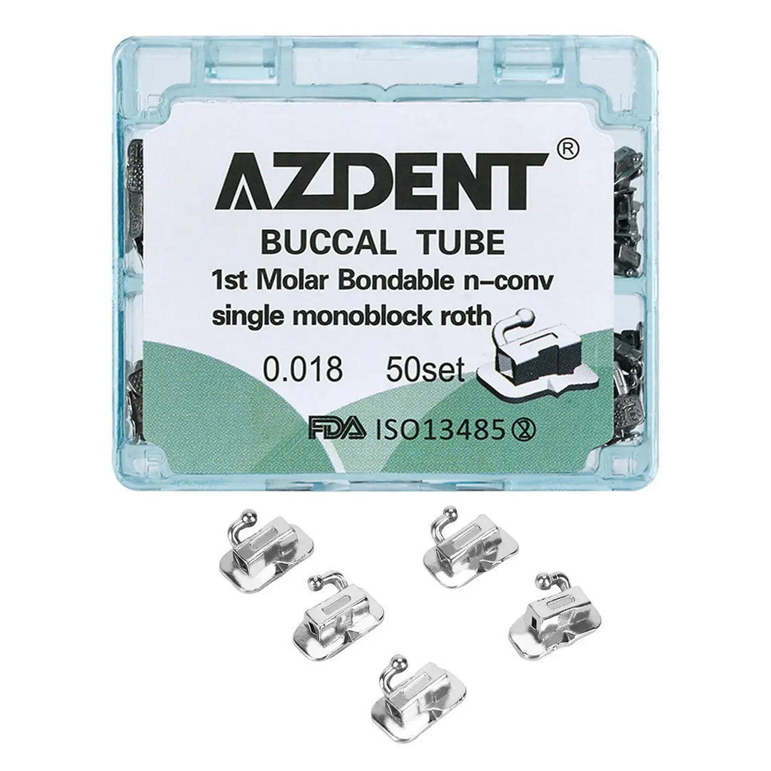 Buccal Tube 1st Molar Bondable Monoblock Non-convertible Roth 0.018 50Sets/Bx by AZDENT. Clear plastic case containing orthodontic buccal tubes. Five metal tubes displayed below, showing product details and FDA approval on package label.