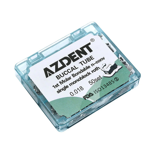 Buccal Tube 1st Molar Bondable Monoblock Non-convertible Roth 0.018 50Sets/Bx by AZDENT, shown in clear plastic packaging. Dental orthodontic product for first molar, single tube, bondable, non-convertible, size 0.018, 50 sets per box.