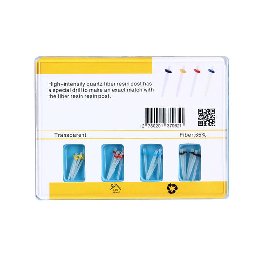 Dental Quartz Fiber Post Teeth Restore kit with 4 drills and 20 fiber posts. Package displays transparent fiber posts in blue containers, product information, and barcode. High-intensity quartz fiber resin posts for exact matching and improved dental restoration.