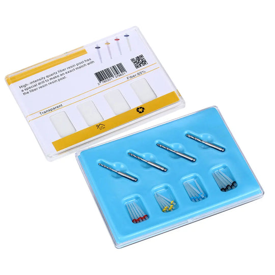 Dental Quartz Fiber Post Teeth Restore kit with 4 drills and 20 fiber posts in a blue tray, packaged alongside product information card, for dental restoration procedures